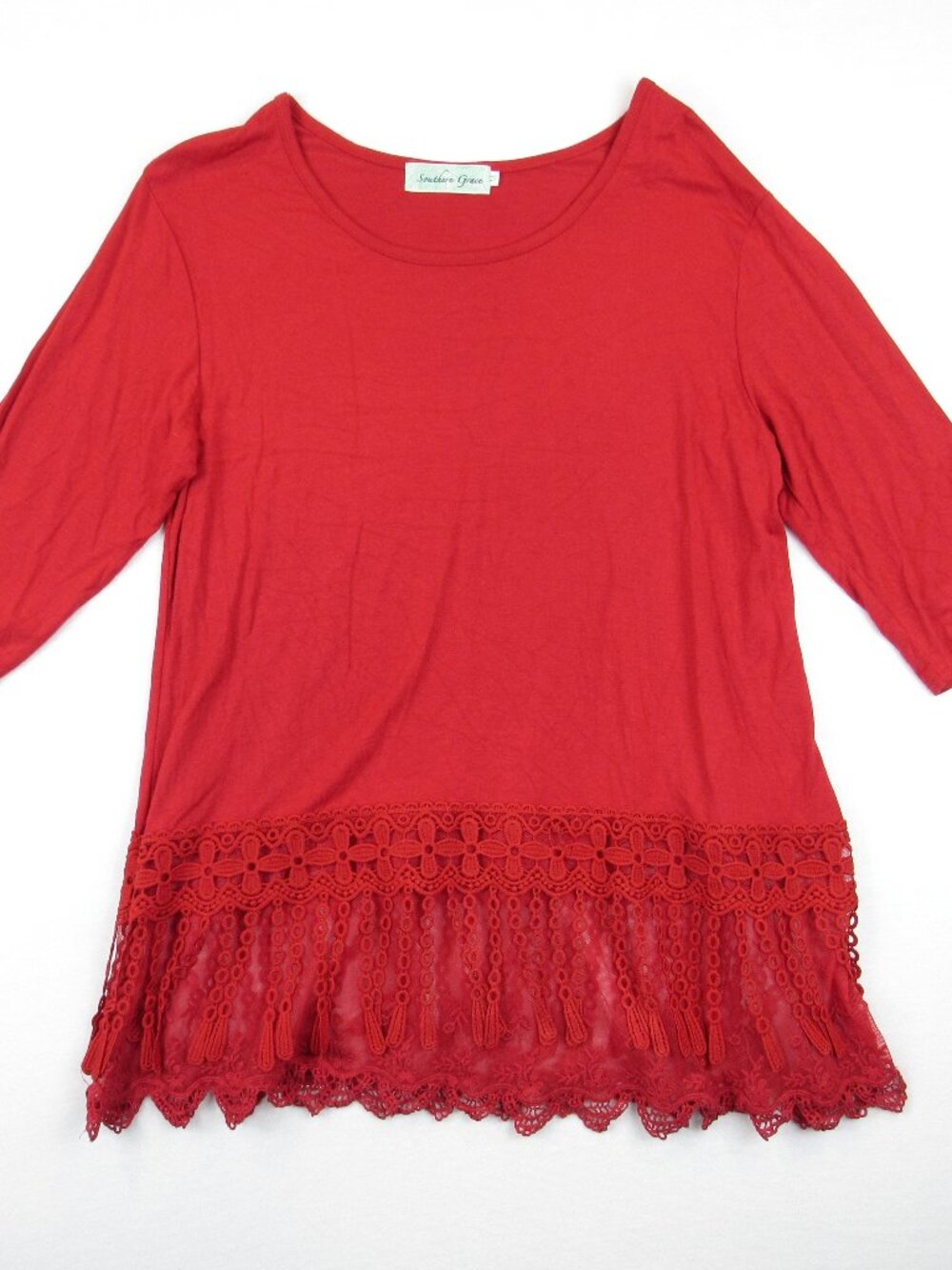 Southern Grace Top Women's Size M Red With Lace Mesh Detail 3/4 Sleeve